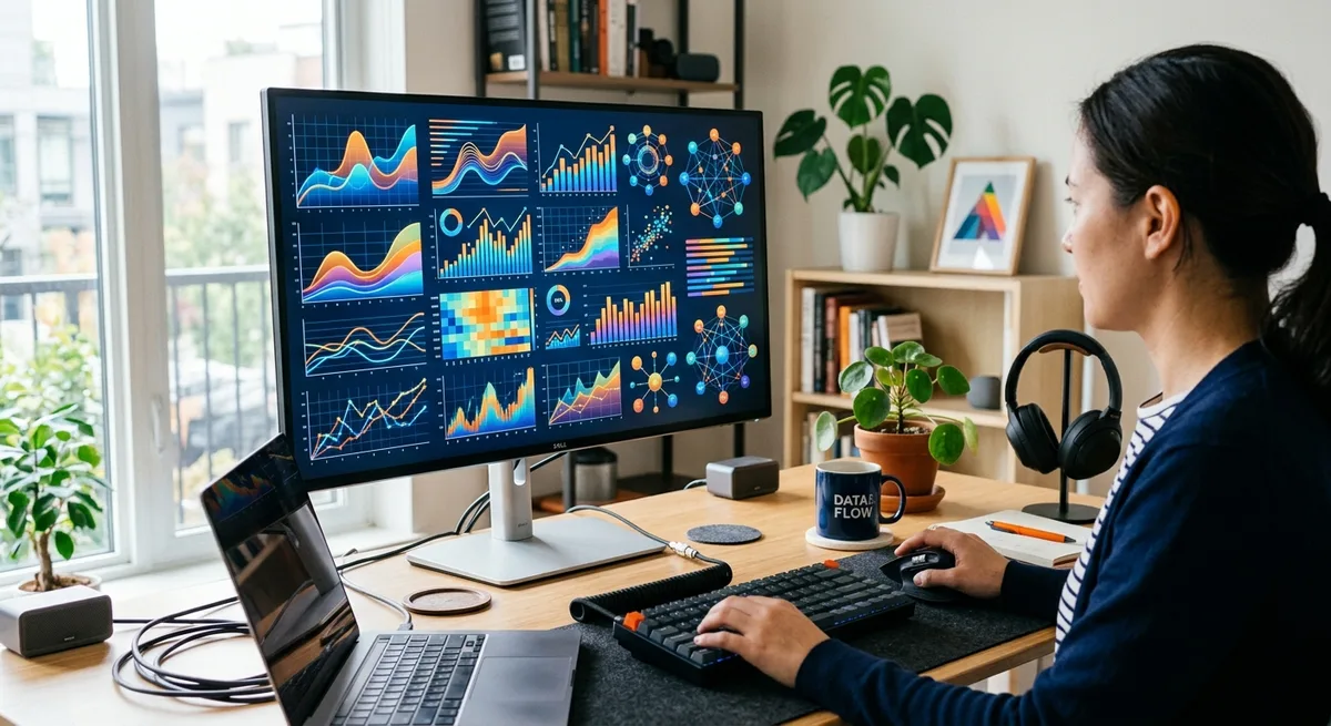 Gros plan sur un écran montrant des courbes de tendance et des graphiques en barres abstraits.