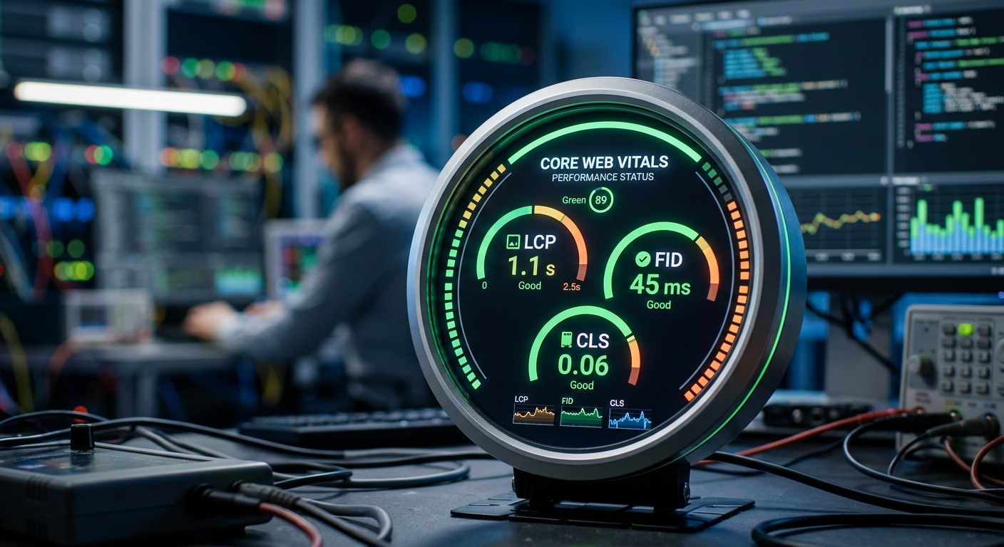 Close-up of a digital gauge illustrating Core Web Vitals metrics.