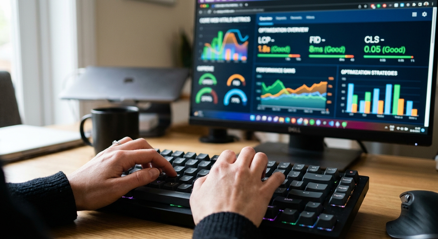 Hands typing on a keyboard, with a blurry screen in the background showing colorful data graphs.