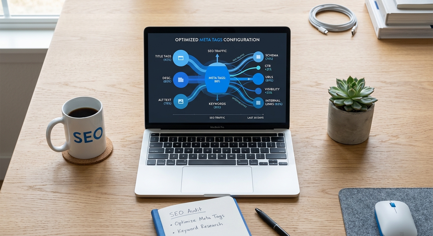 Top view of a minimalist workspace with a screen illustrating meta tag optimization for SEO.