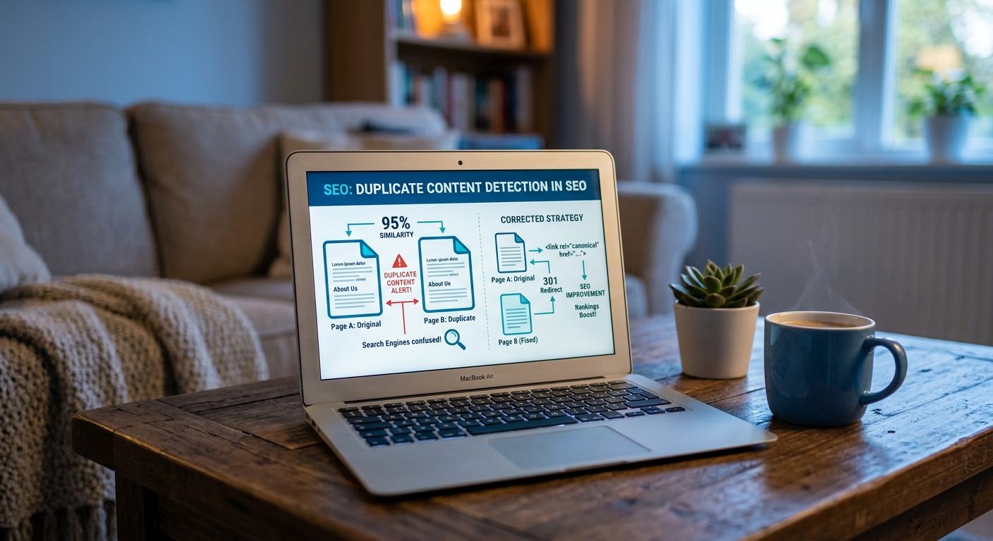 Close-up of a laptop on a table displaying charts on SEO duplicate content detection.