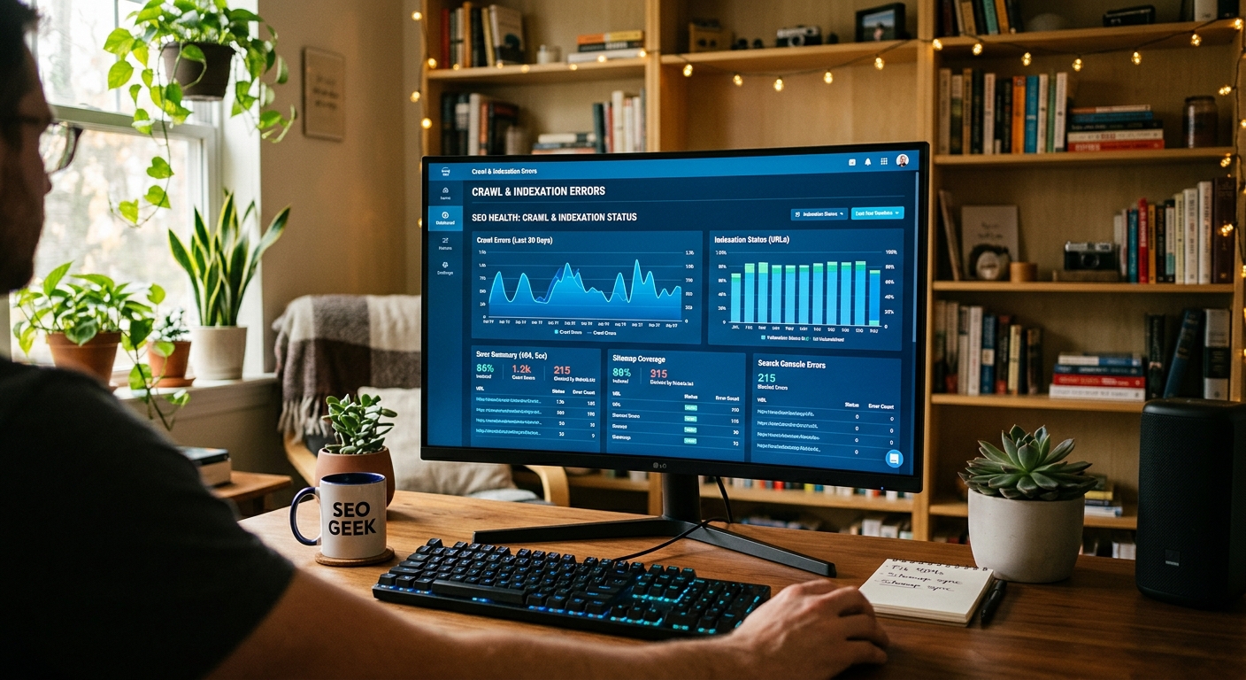 Home office desk with screen displaying abstract charts on SEO crawl and indexing errors.