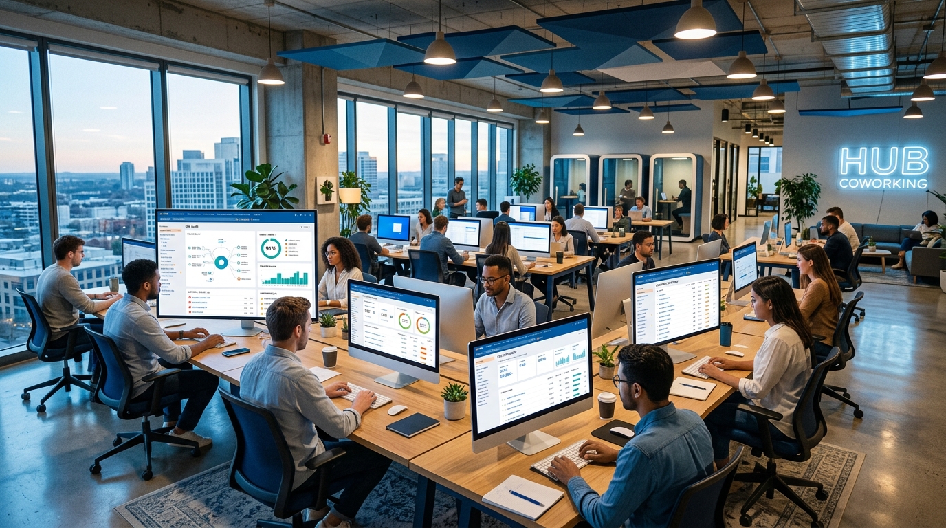 Wide view of a coworking space with screens displaying SEO tool diagnostics and audits.