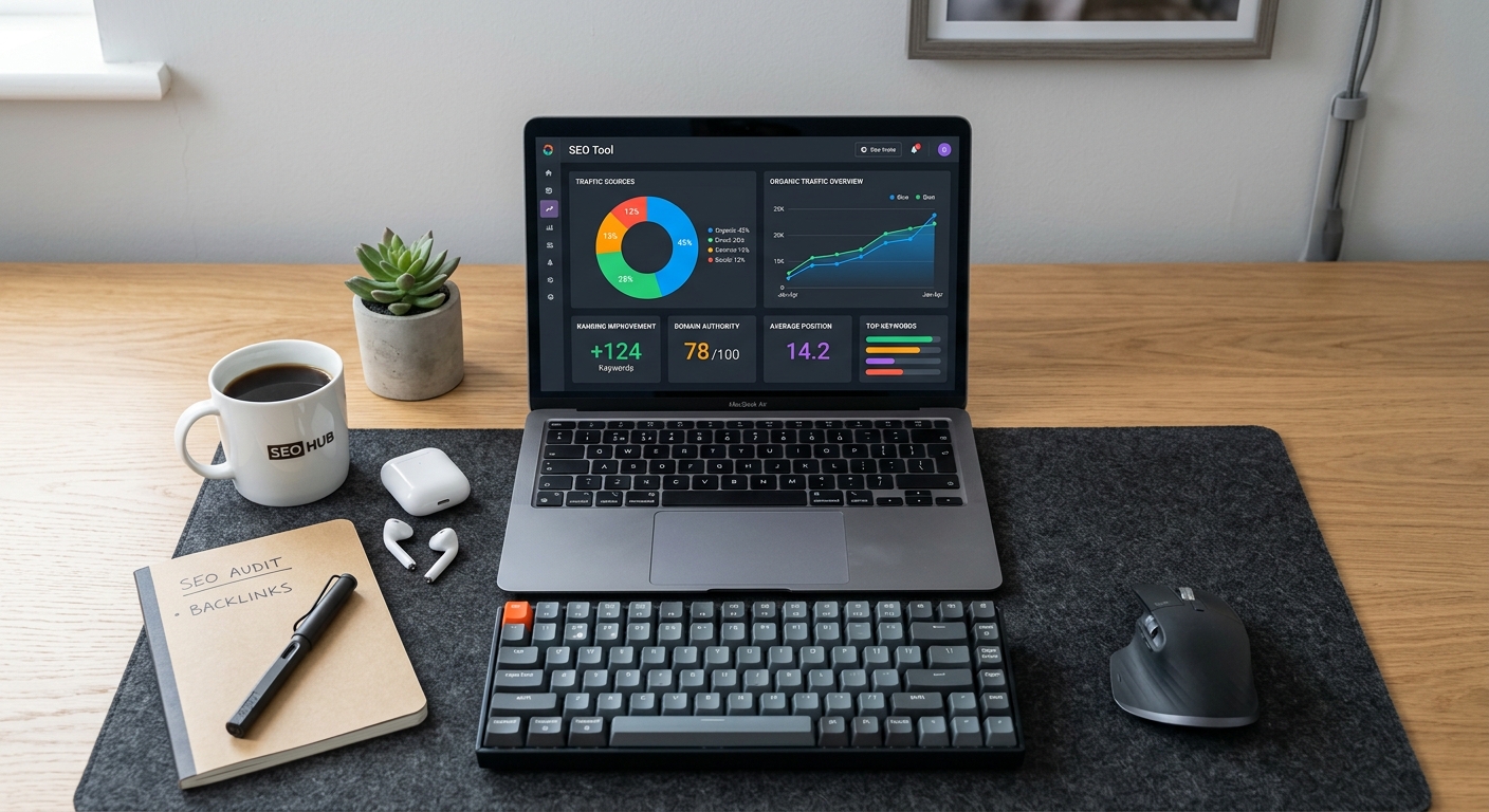 Vue de dessus d'un bureau minimaliste avec un laptop affichant des indicateurs de performance colorés.