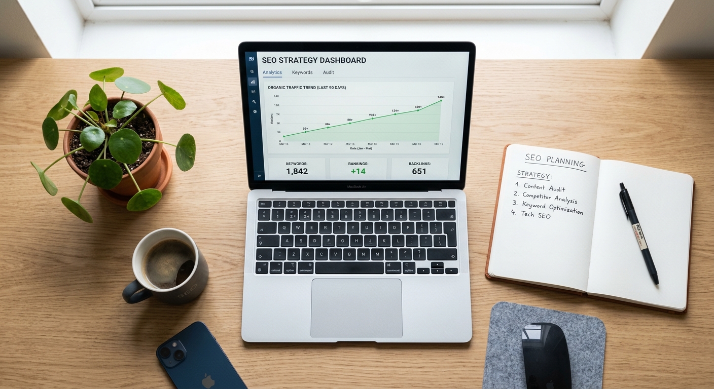 Minimalist desk with laptop and graph emphasizing effective SEO tool use.