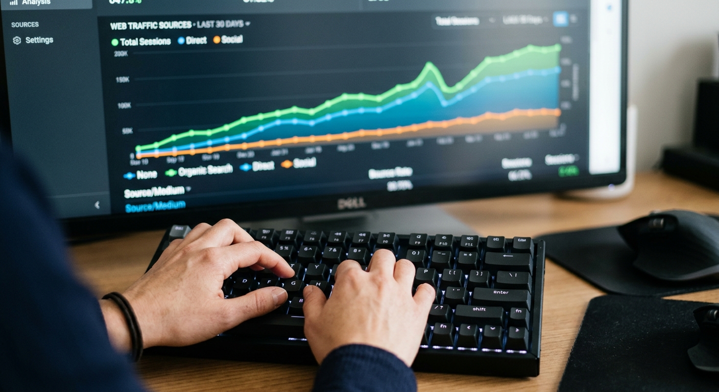 Hands on keyboard with blurred graph on screen showing traffic analysis.