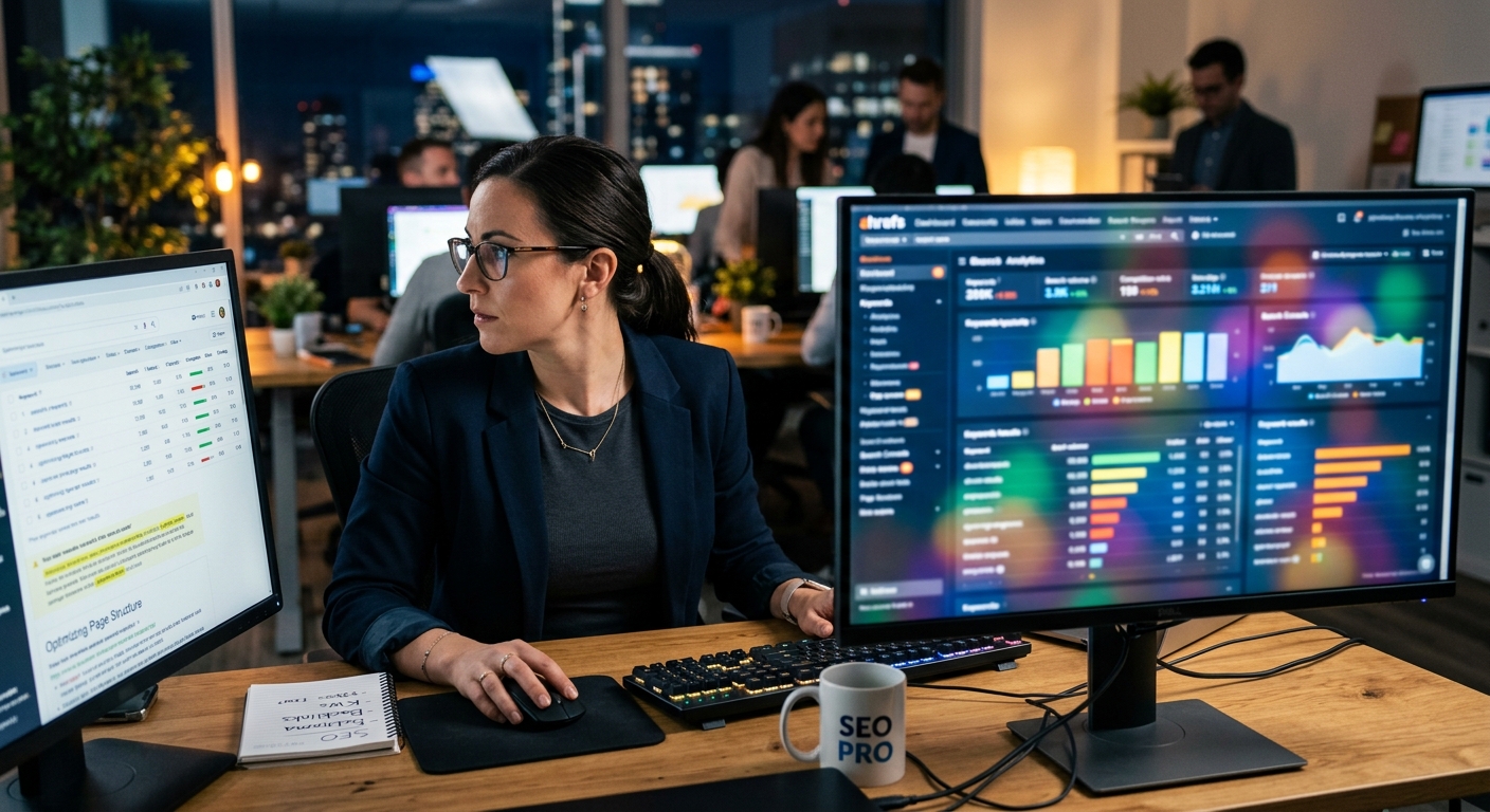 Personne concentrée devant un écran montrant une interface floue et colorée.