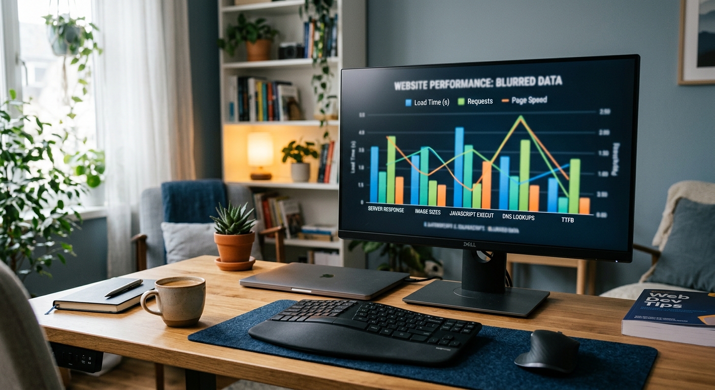 Home office with a screen showing blurred analytics graph.