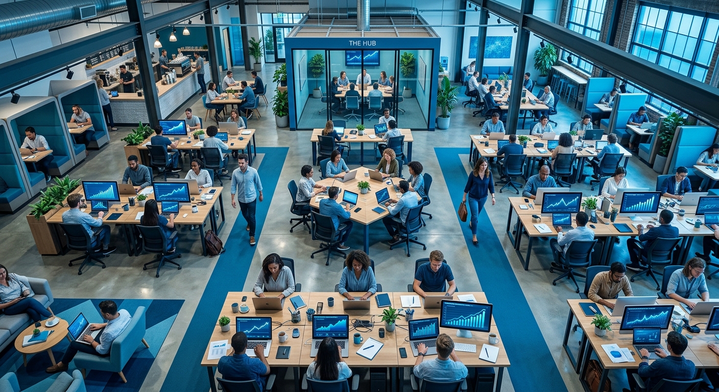Coworking space from above, laptops showing graphs, blue tones.
