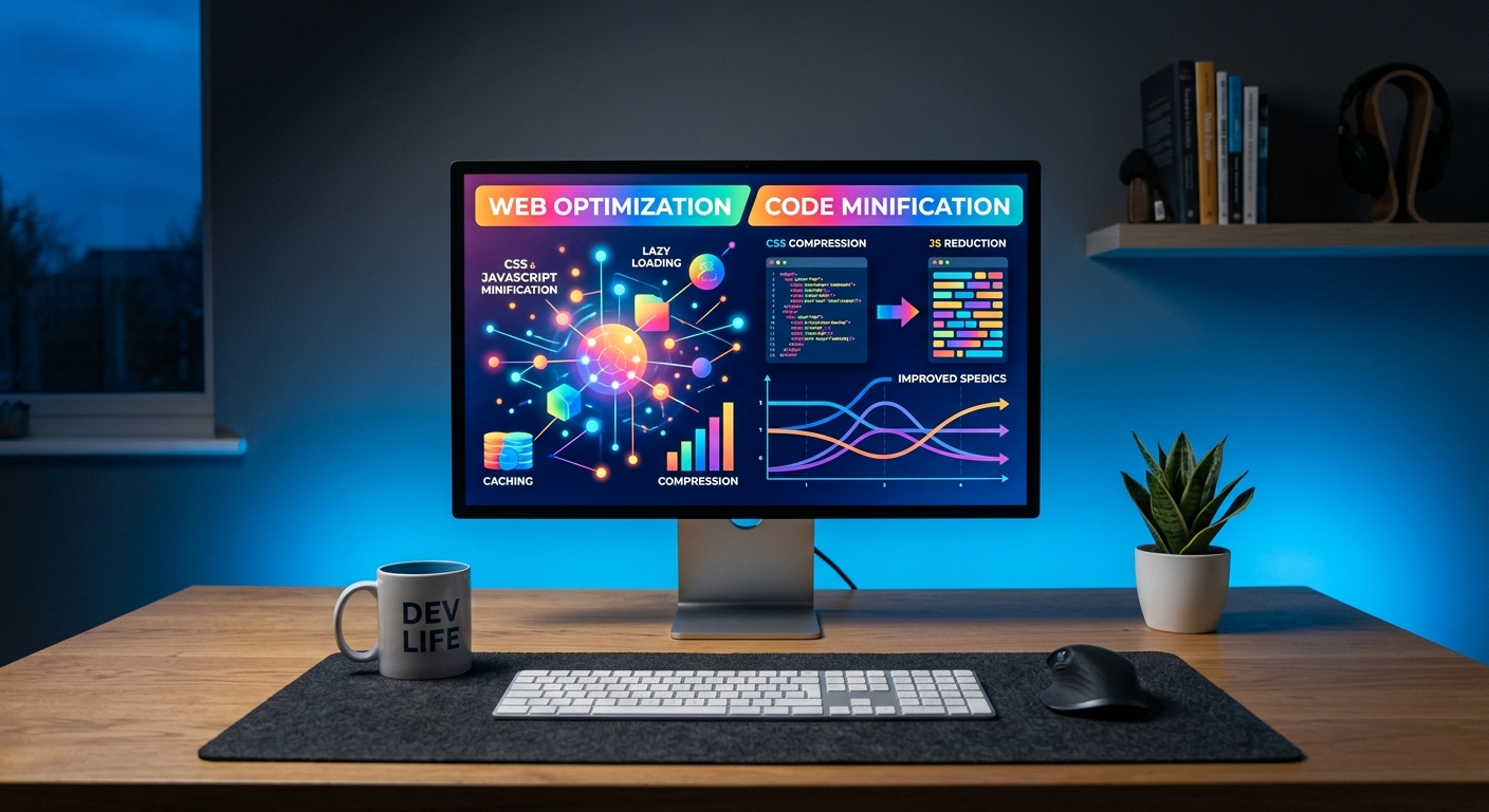 Minimalist desk with screen showing optimization techniques.