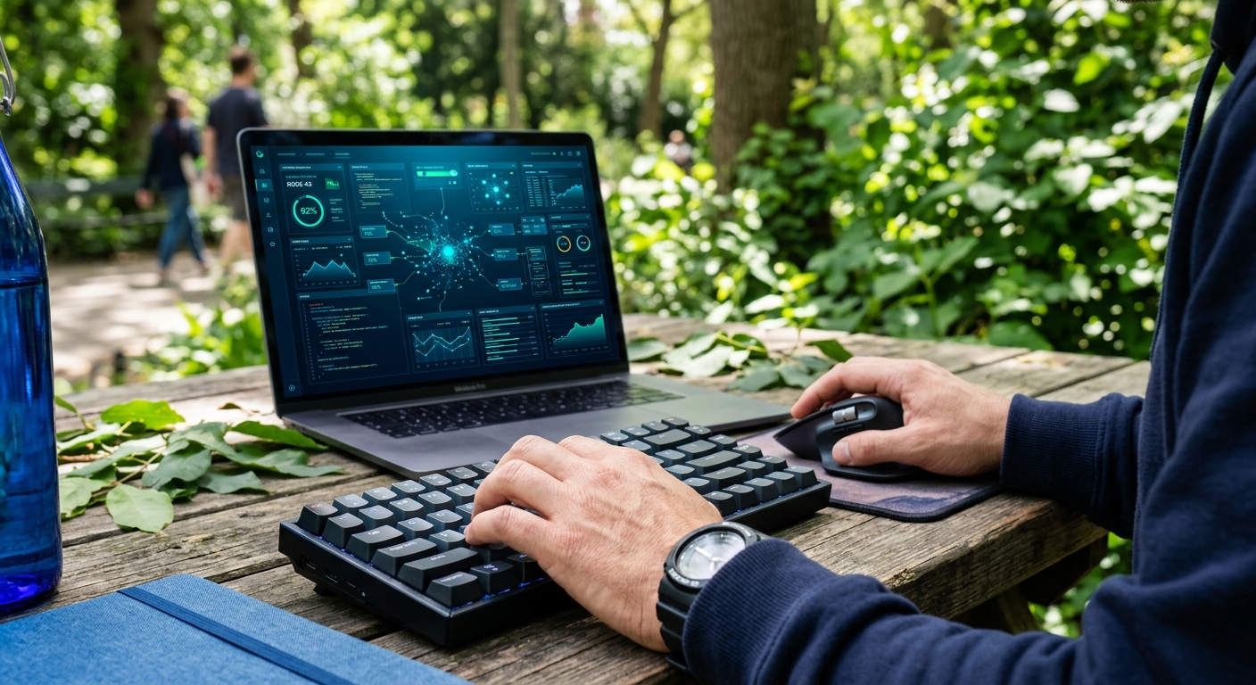 Hands on keyboard outdoors, laptop showing diagnostics in blue tones.