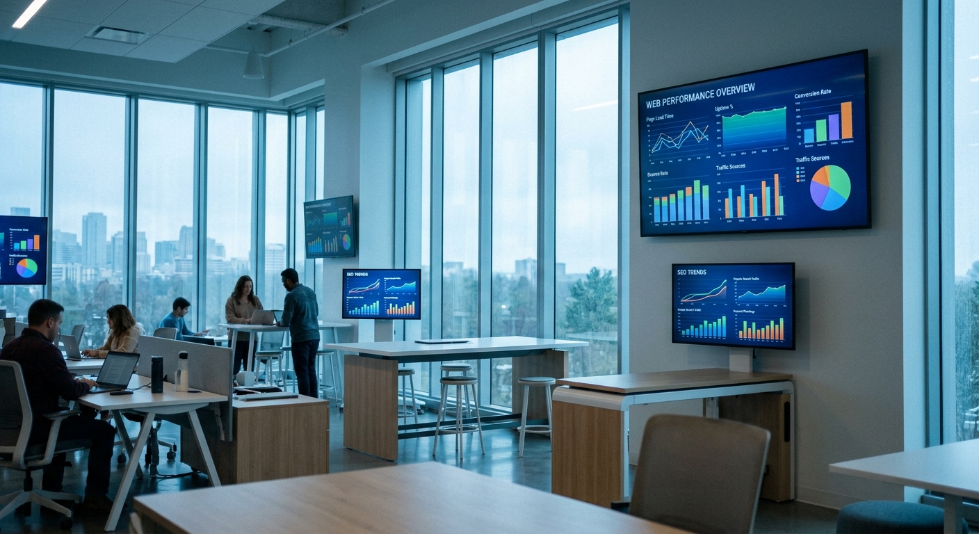 Home office with a screen showing blurred analytics graph.