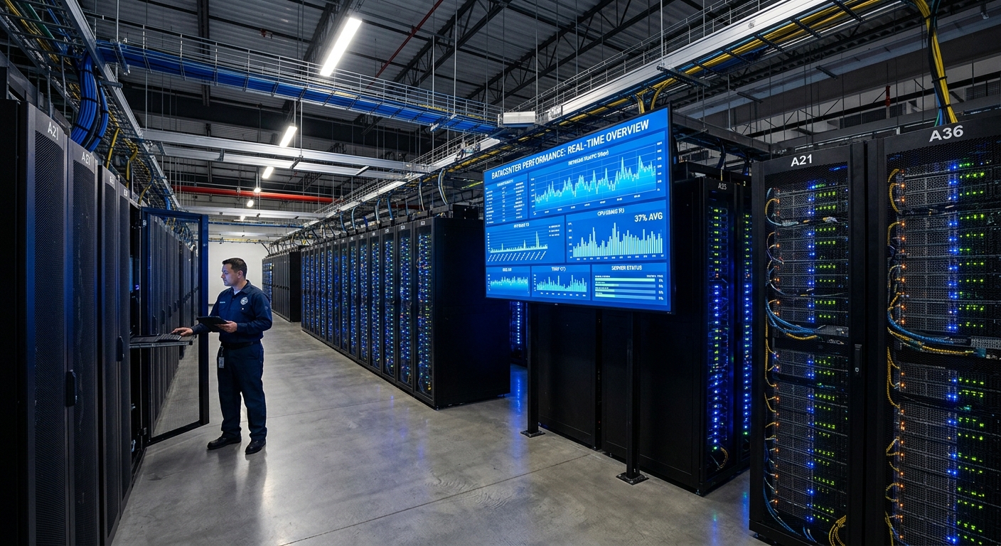 Wide view of a data center with screen showing performance charts.