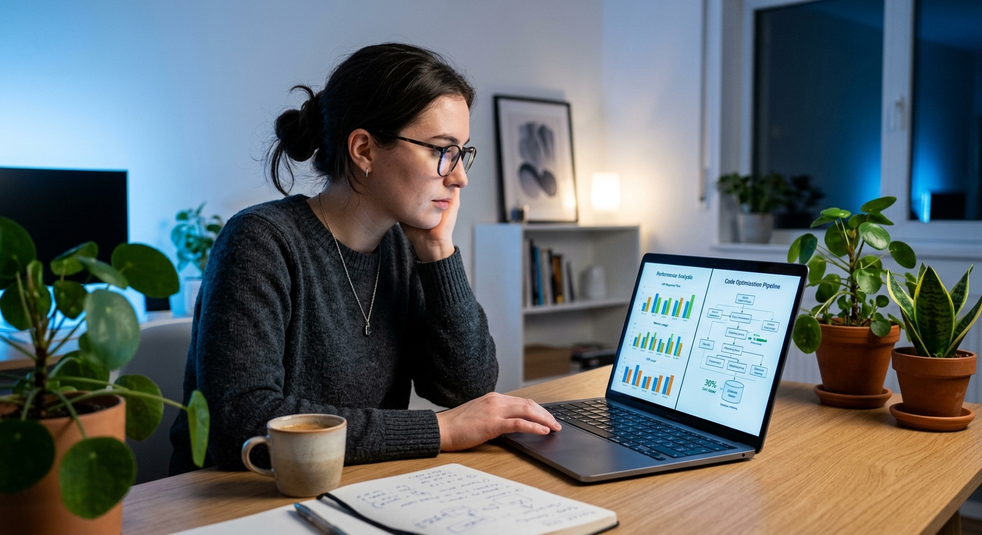 Person analyzing a laptop screen with code charts in a minimalist setting.