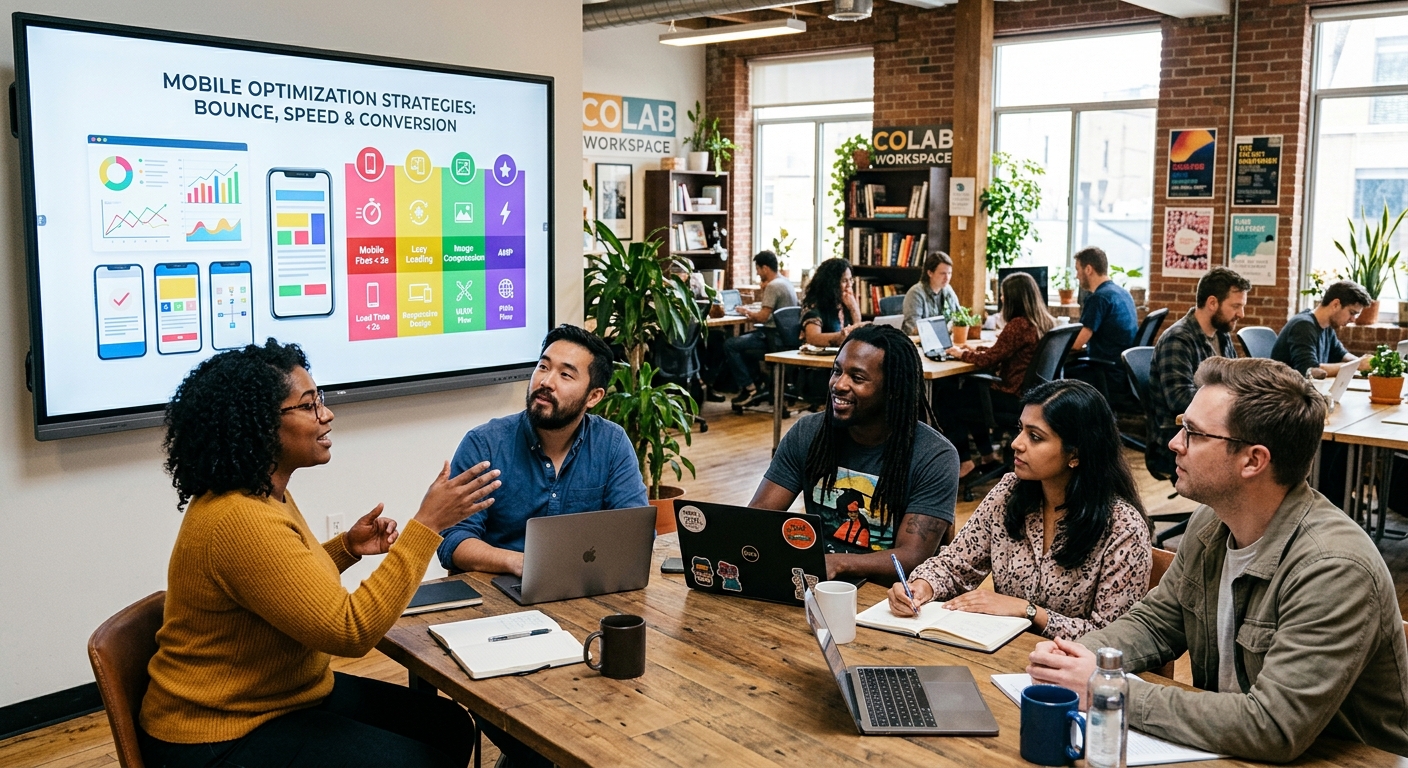 Coworking space with screen showing mobile optimization techniques.