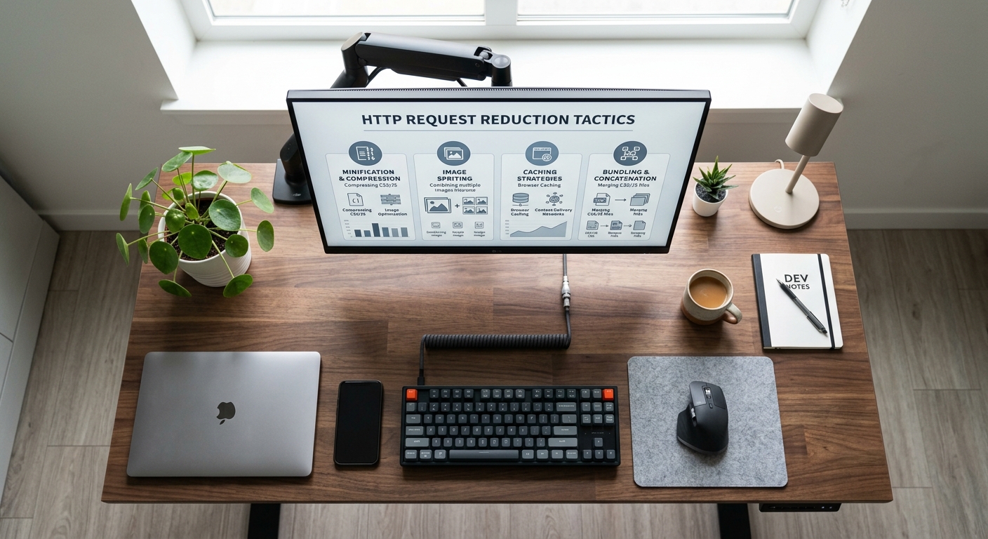 Top-down view of a desk with screen showing HTTP request reduction strategies.