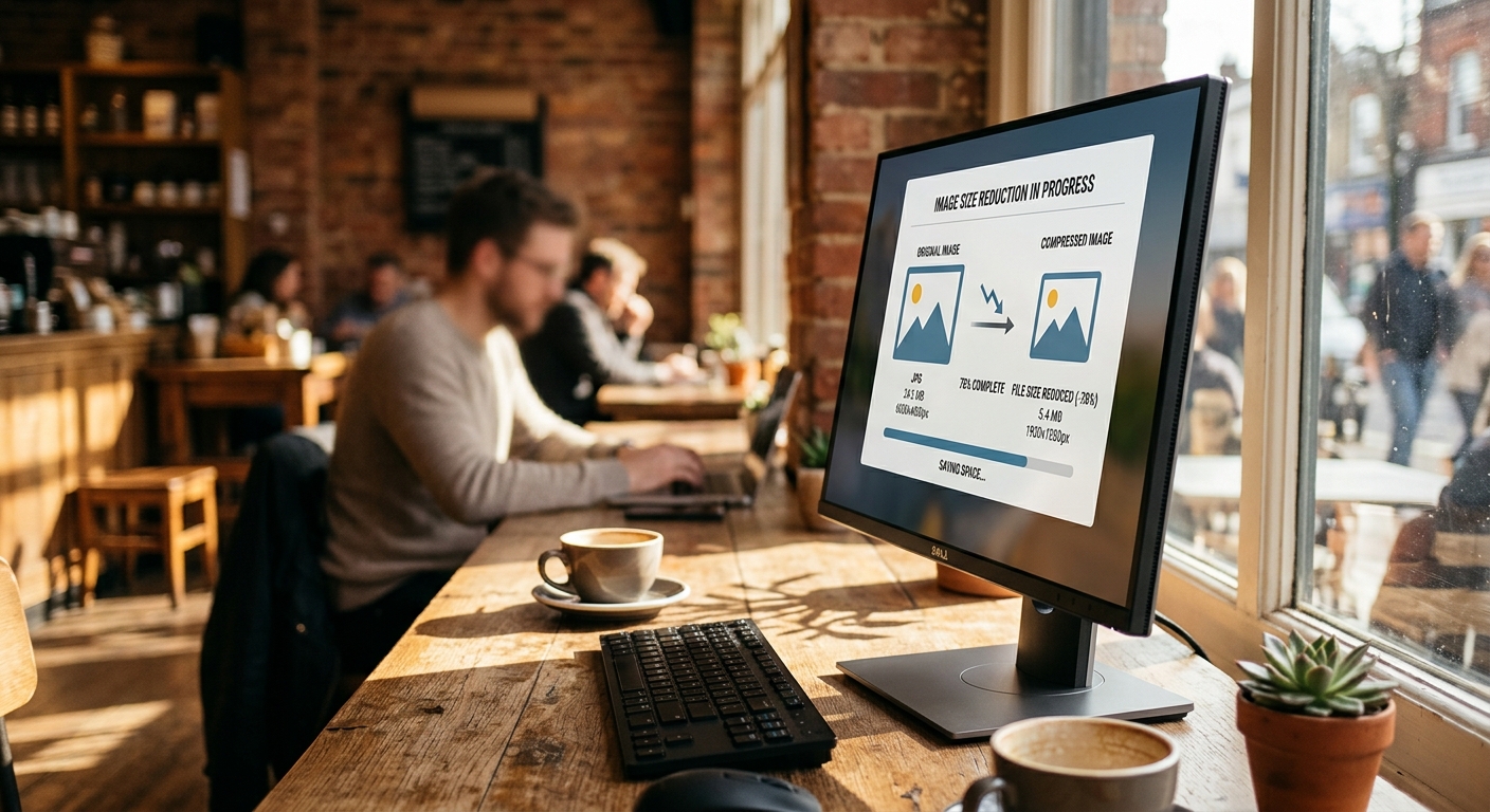 Screen displaying image size reduction indicators in a café setting.